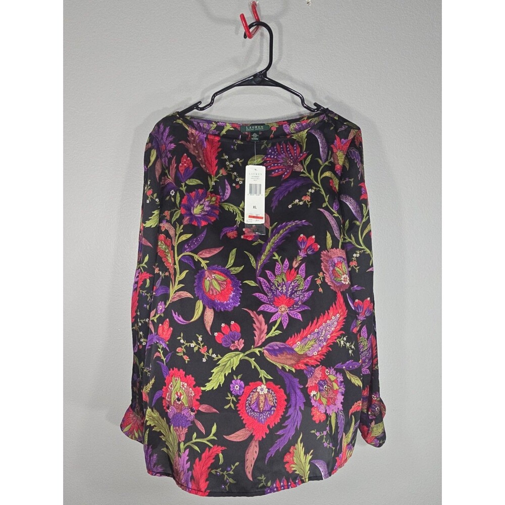 Lauren Ralph Lauren Size XL Black Floral Boatneck Long Sleeve Satin Blouse BP